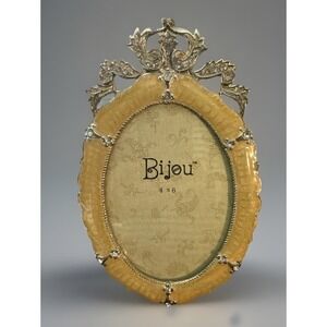 BIJOU Photo Frame yellow Enamel Metal Ornate Pearl accents Photo 4X6